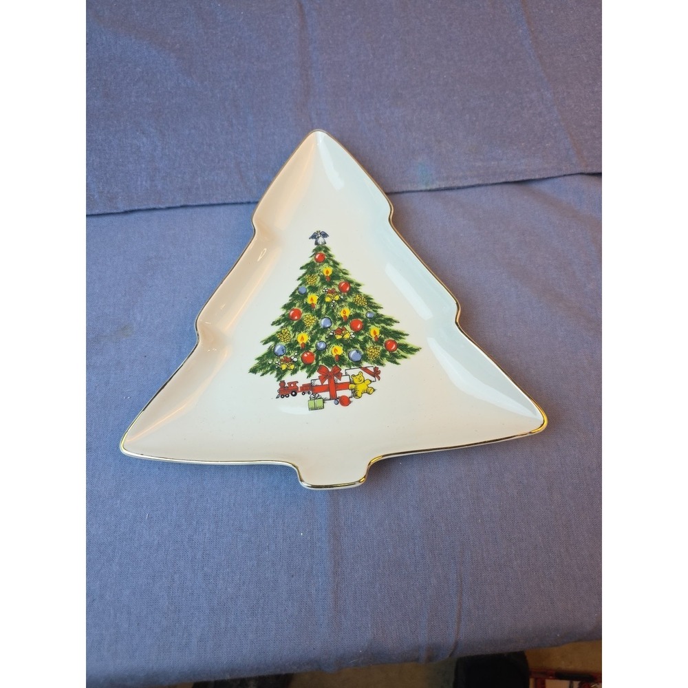 Jamestown China Christmas Treasure Tree Shape Candy Dish Gold Trim Japan Ceramic